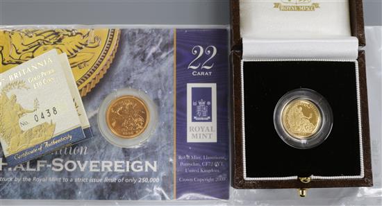 One cased 2000 gold half sovereign and a cased 2007 Britannia gold proof £10 coin.